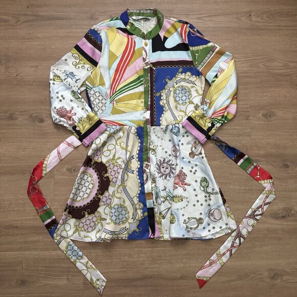 ZARA Dress Multicolored Mini Dress Long Sleeve Silky Satiny Smooth Size Medium - Picture 10 of 10